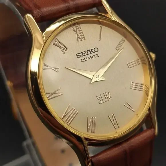 Vintage Style Seiko Quartz Mens Gold Watch Brown accents W